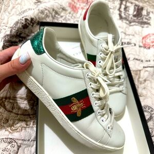 Gucci Ace watersnake-trimmed embroidered leather sneakers size 35 1/2 (I’m 7 us)
